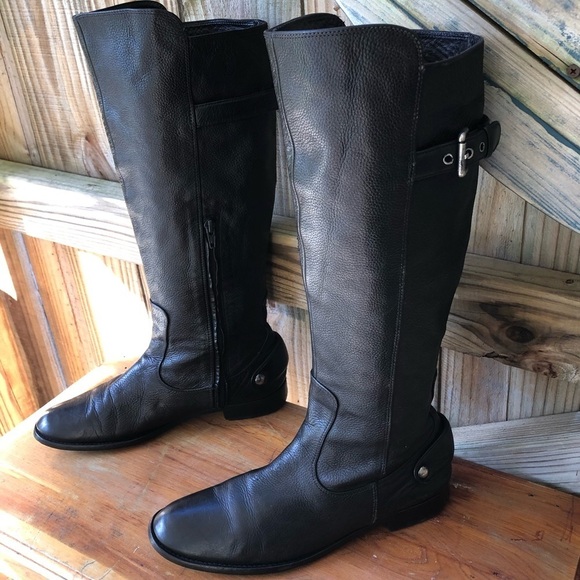 Zara Tall Black Textured Leather Low Heel Back Buckle Side Zip Riding Boots 9